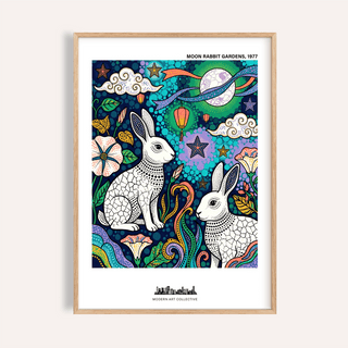 Framed Moon Garden Art Print of two white rabbits with a colourful night sky and flowers
