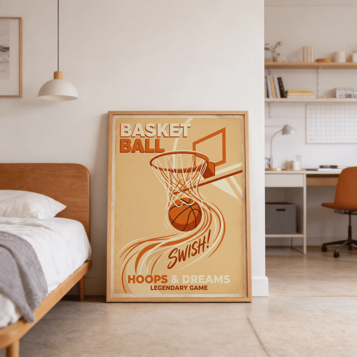Basketball Art Print leaning against a wall in a bedroom with warm brown and cream retro illustration