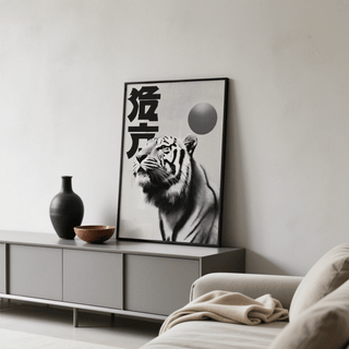 Black and White Tiger Print leaning on a grey sideboard with a black vase and wooden bowl nearby