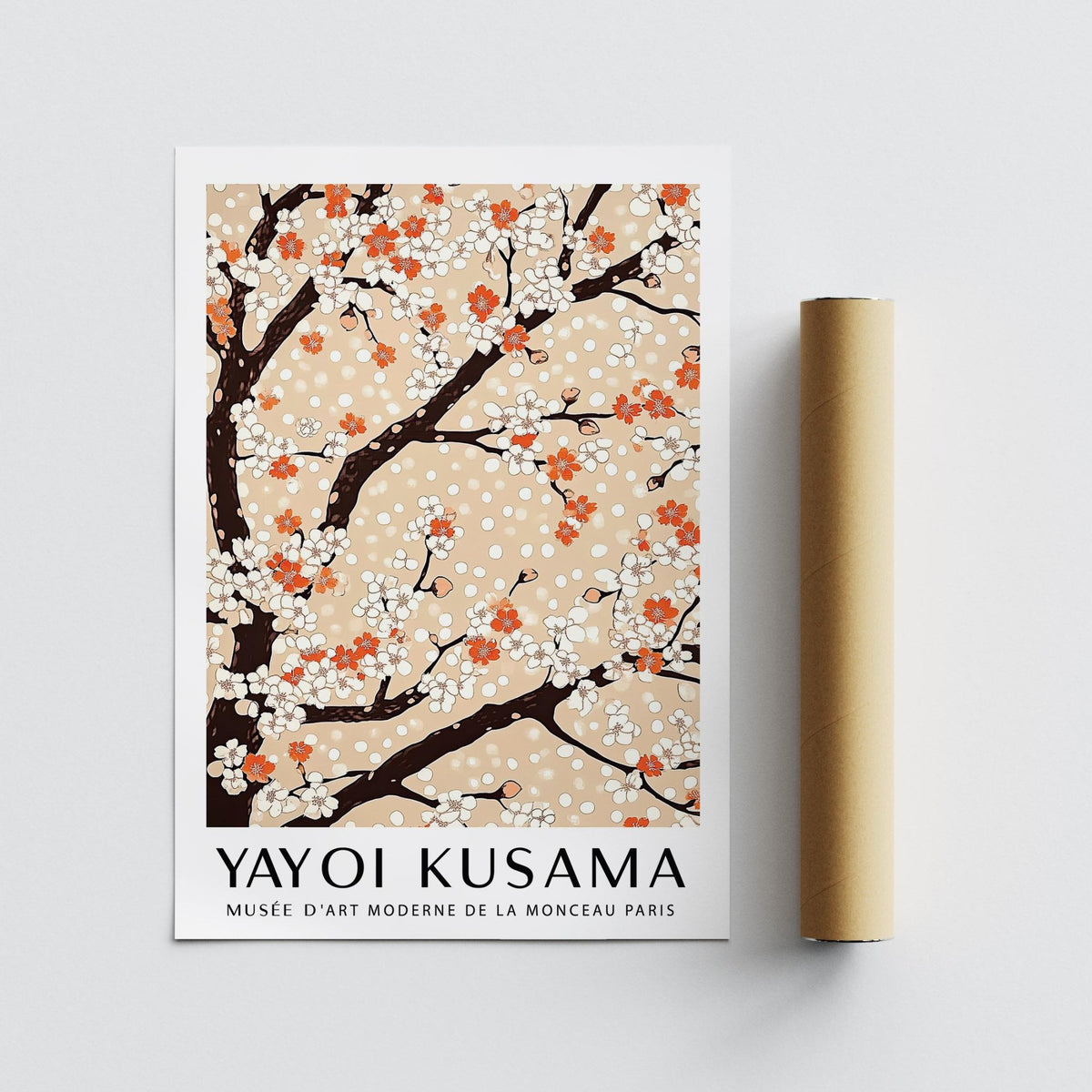 Cherry Blossom Tree Art flat artwork with white and orange blossoms on brown branches alongside a packaging tube