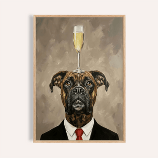 Framed close-up of Boxer Dog Poster showing dog with red tie and champagne glass balancing on head