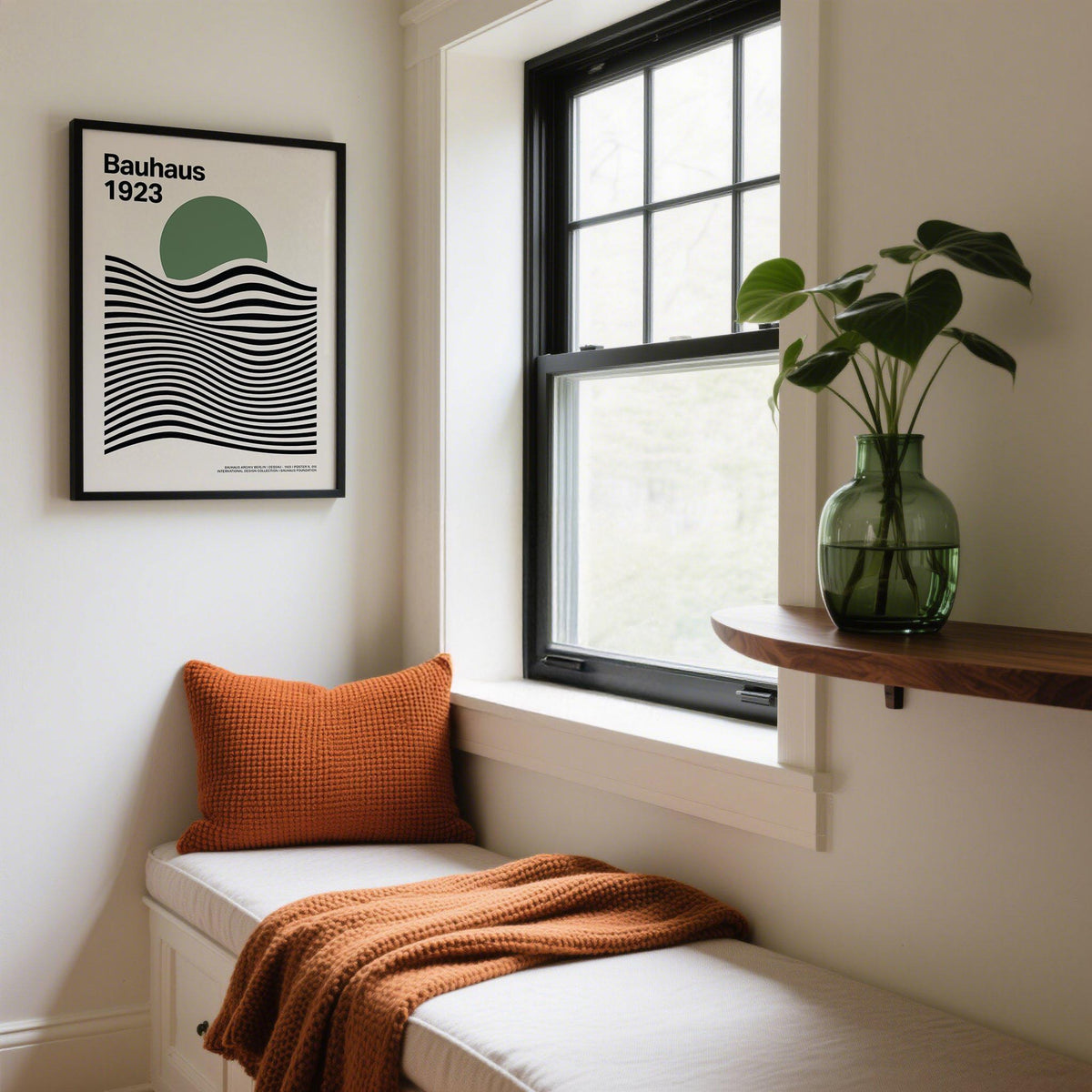 Sage Green Print hanging on a wall above a bench with an orange cushion and throw in a bright room
