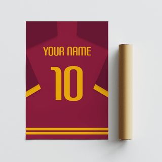 Football Shirt Poster in Maroon with Yellow Number flat on a surface beside a brown packaging tube