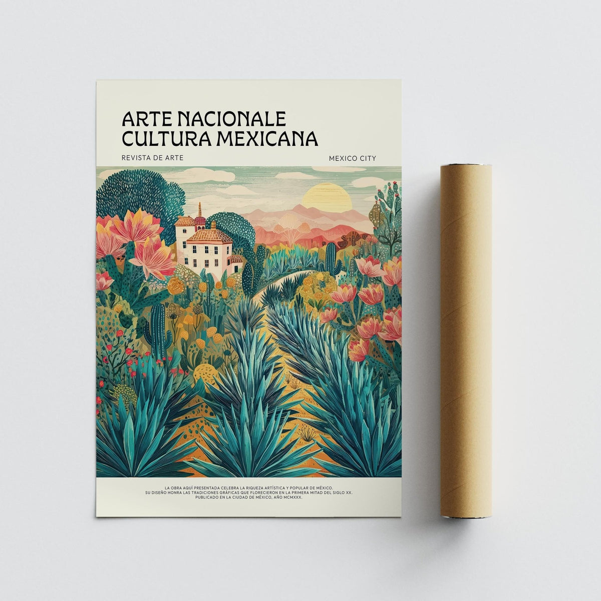 Mexican Landscape Art print lying flat with a packaging tube beside it showing agave plants and a house