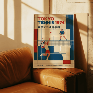 Tokyo Tennis Poster print leaning on brown leather sofa with sunlit wall in background