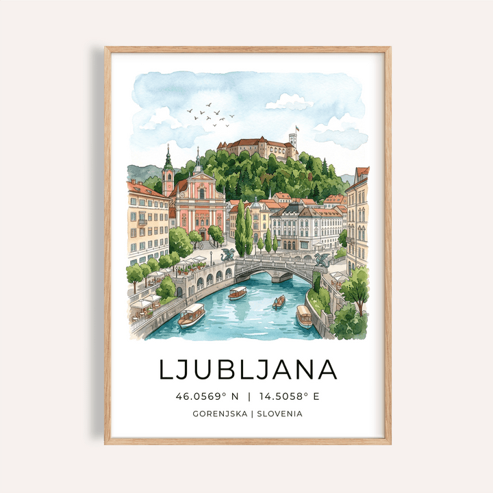 Ljubljana art print river view with boats in watercolour and illustration style