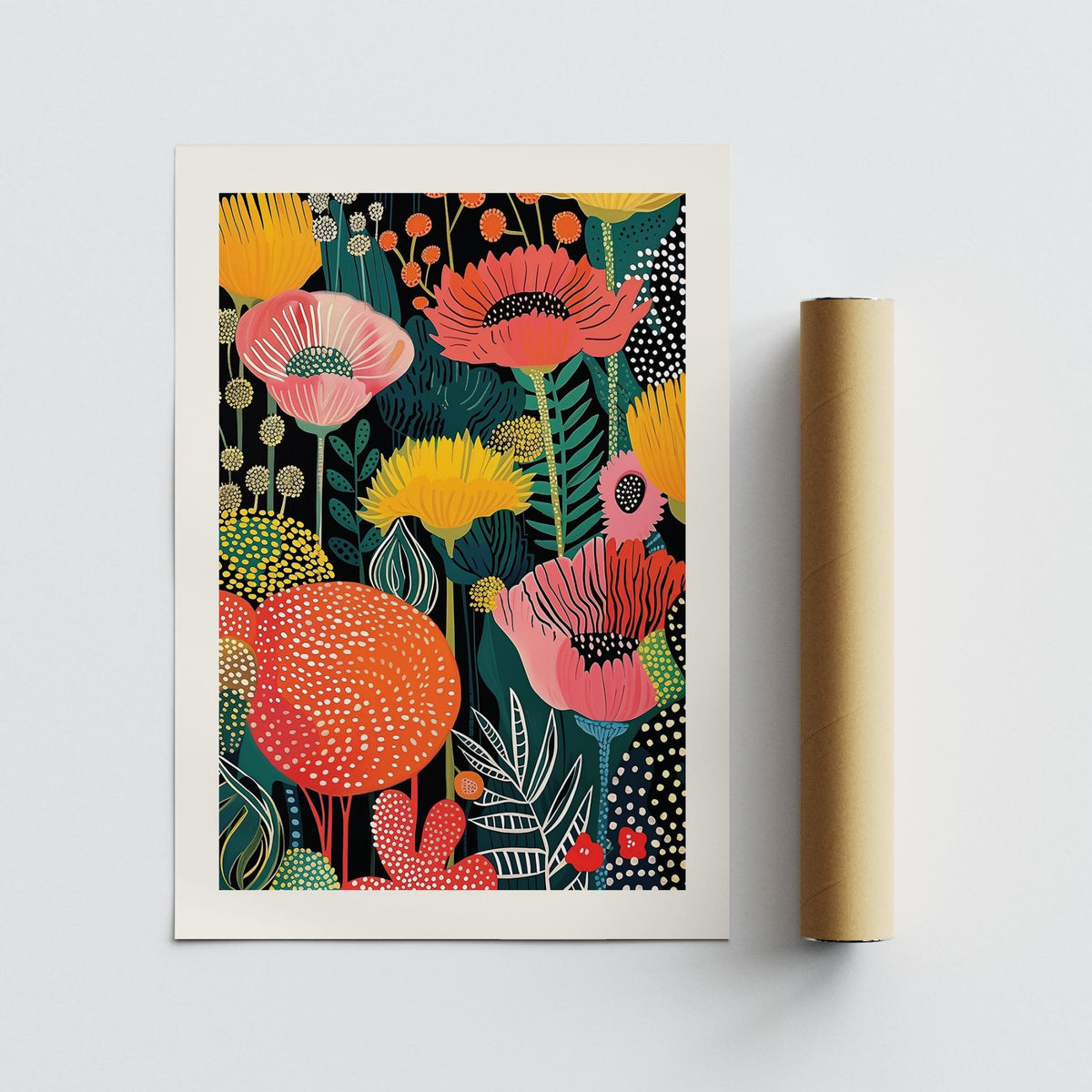 Wall Art Flower print with colourful botanical-style poppy flowers next to a brown packaging tube