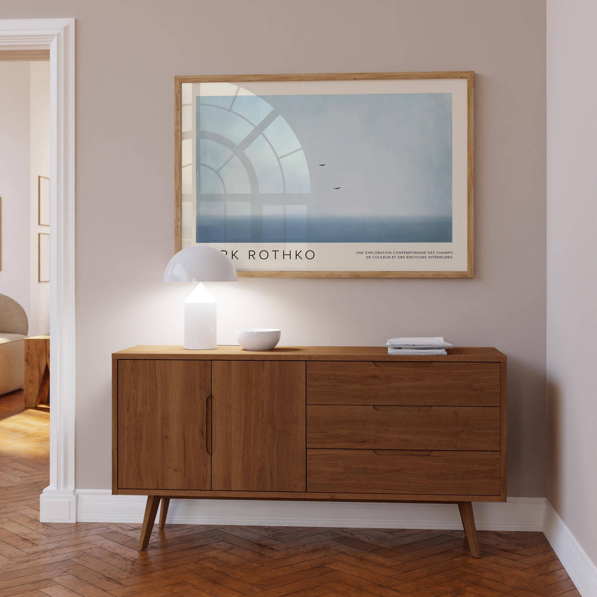 Wall Art Light Blue framed print of two birds in the sky above a wooden sideboard with a lamp