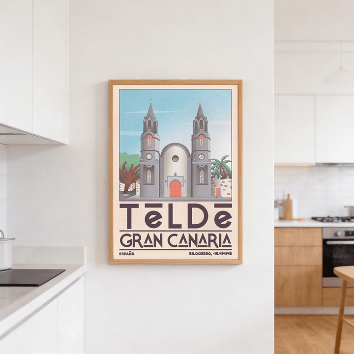 Telde Gran Canaria art print of cathedral facade with a blue sky in a white kitchen