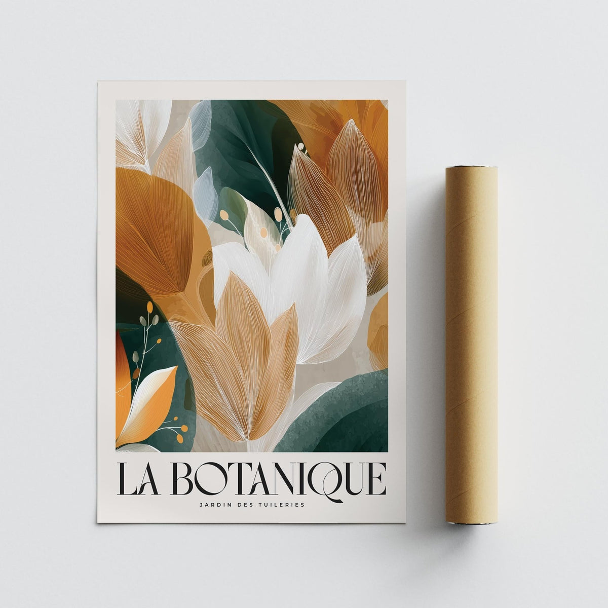 Wall Art with Leaves botanical illustration with ochre and green foliage alongside a packaging tube