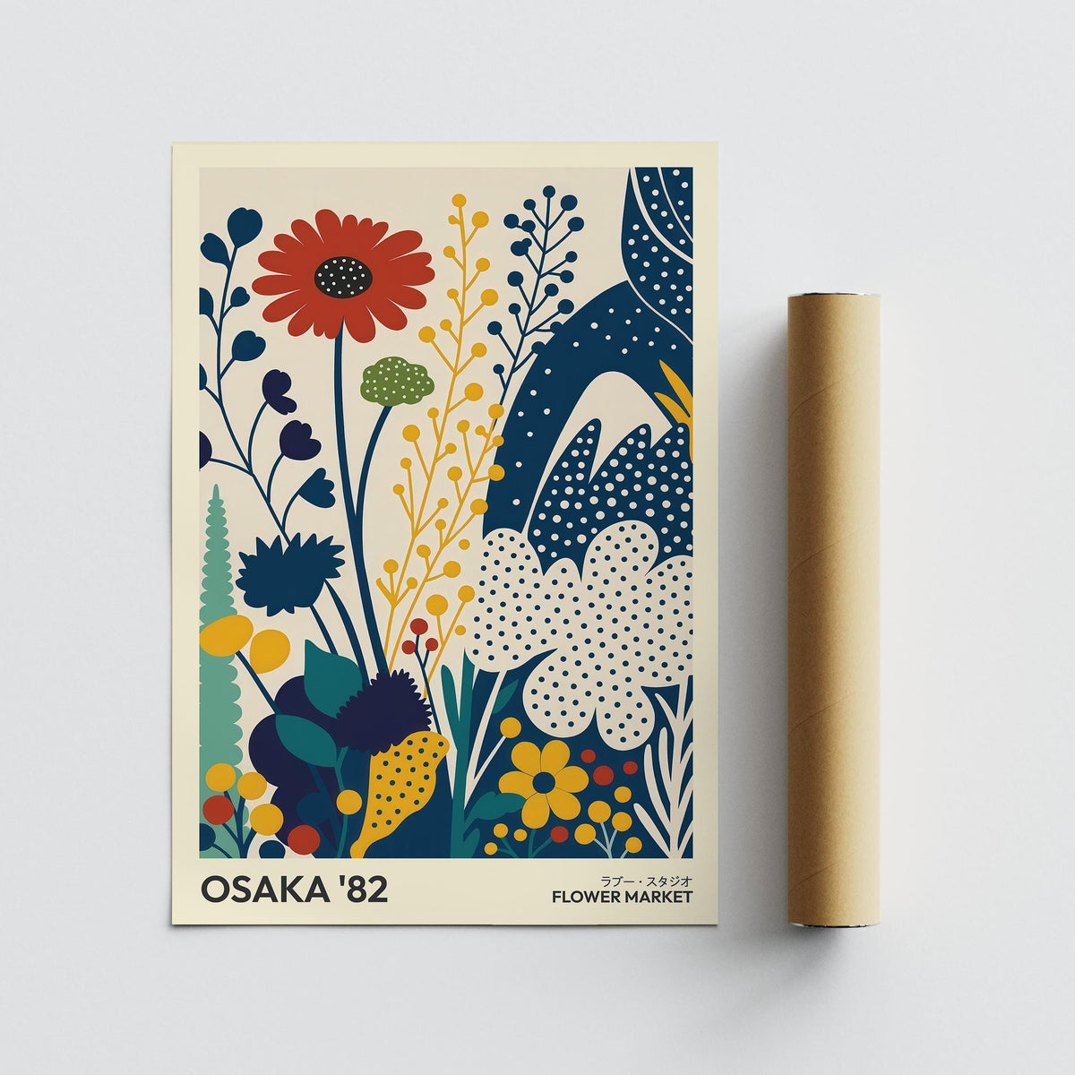 Poster Flowers print of stylised flowers bouquet with red, yellow and blue tones next to a packaging tube