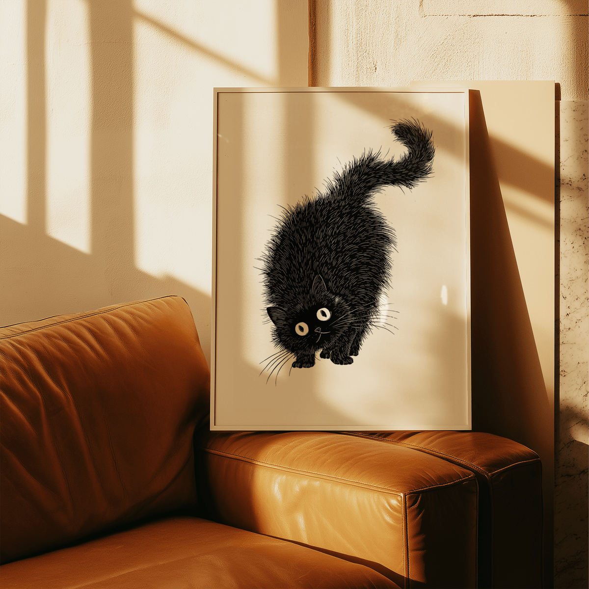 Framed Arched Back Cat Print with a black cat on cream leaning on a brown leather sofa