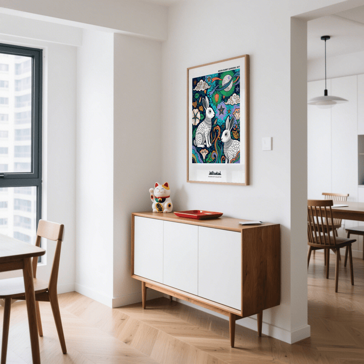 Moon Garden Art Print on a white wall above a wooden sideboard with a cat figurine in a bright dining room