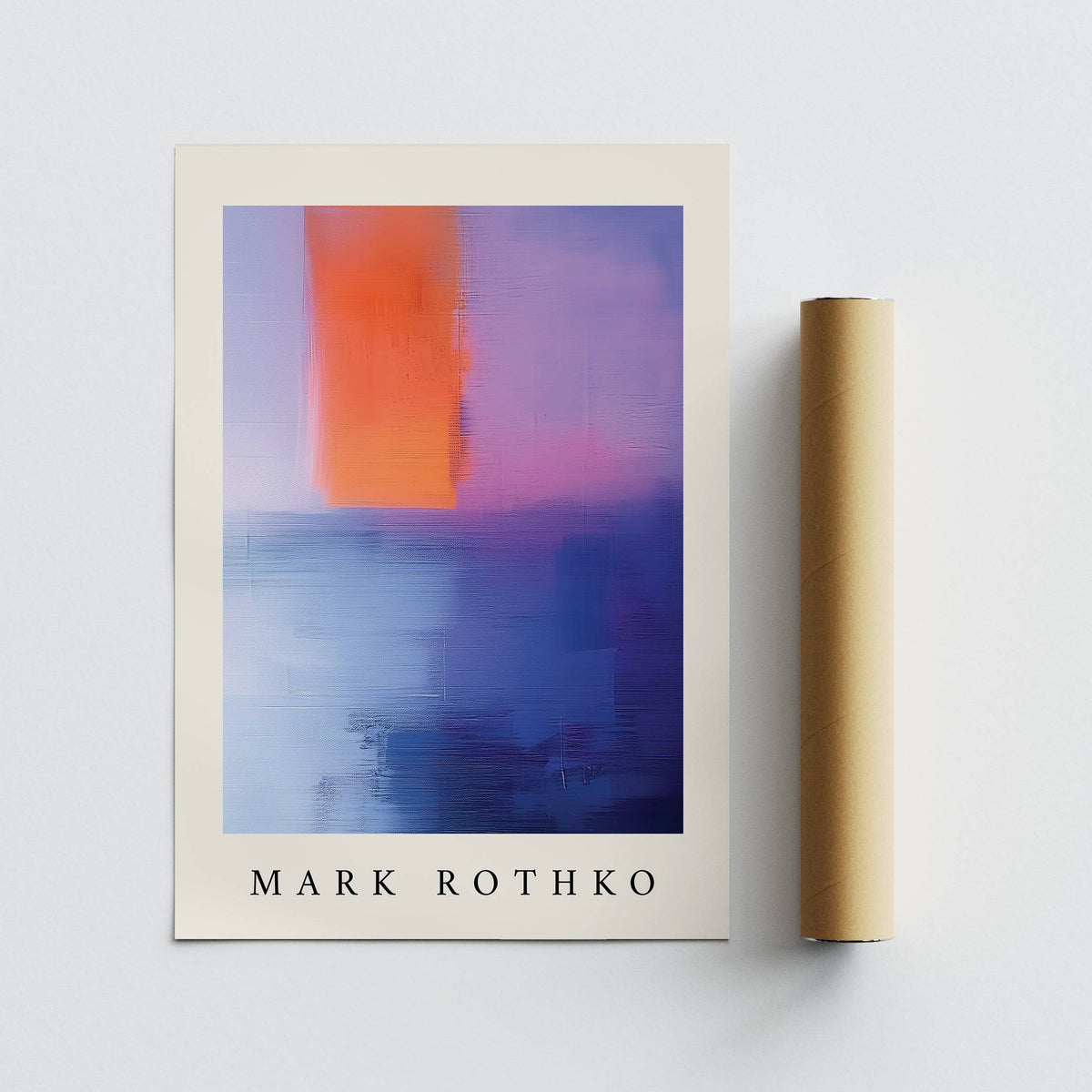 Rothko Art print with orange and purple abstract colour blocks lying flat next to a packaging tube