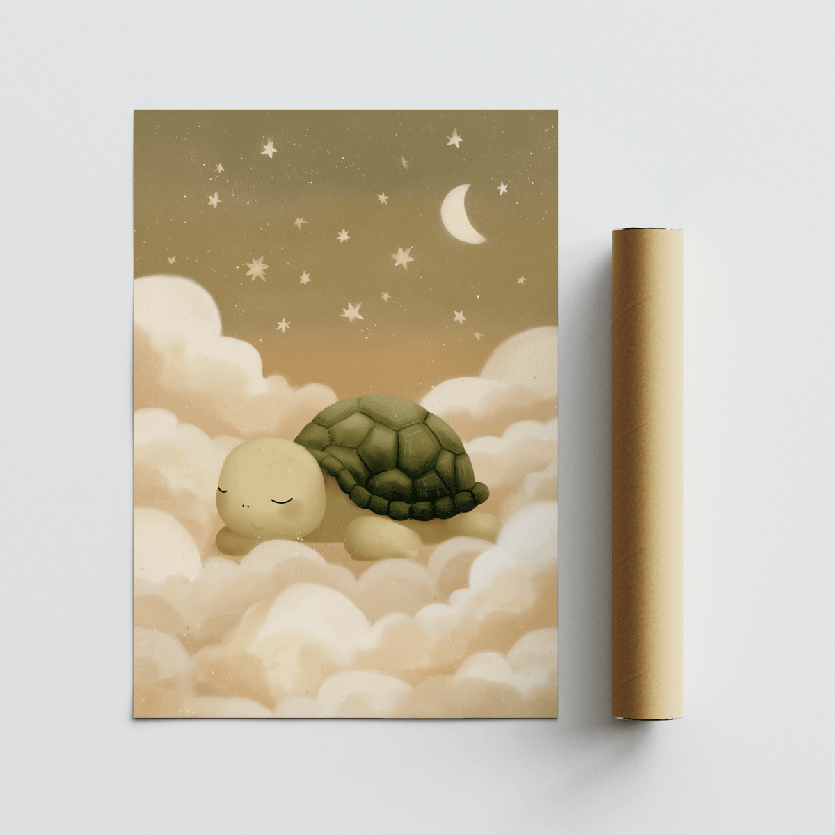 Turtle wall art with a sleeping turtle in green and beige tones shown with a packaging tube
