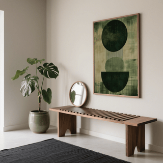 Green Wabi Sabi Print with abstract geometric shapes above a wooden bench and round mirror