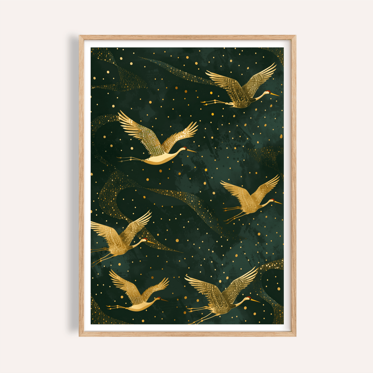 Golden Crane wall art framed close-up showing golden cranes on a dark green background