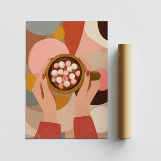 Hot Chocolate wall art with hands holding a cup and marshmallows next to a packaging tube