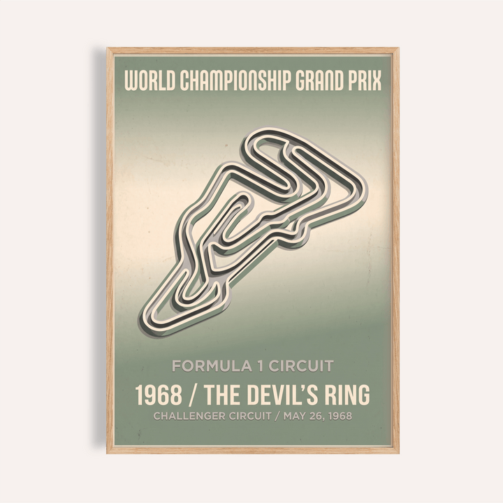 Framed Vintage Street Circuit Map Poster of 1968 The Devil's Ring in muted green and cream tones