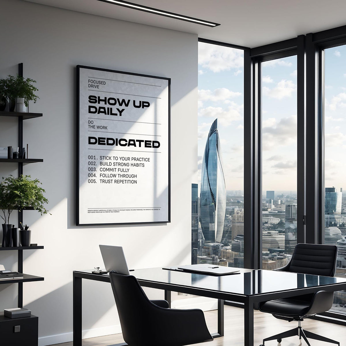 Daily Affirmations Print framed on a wall with black text in a bright office with city views