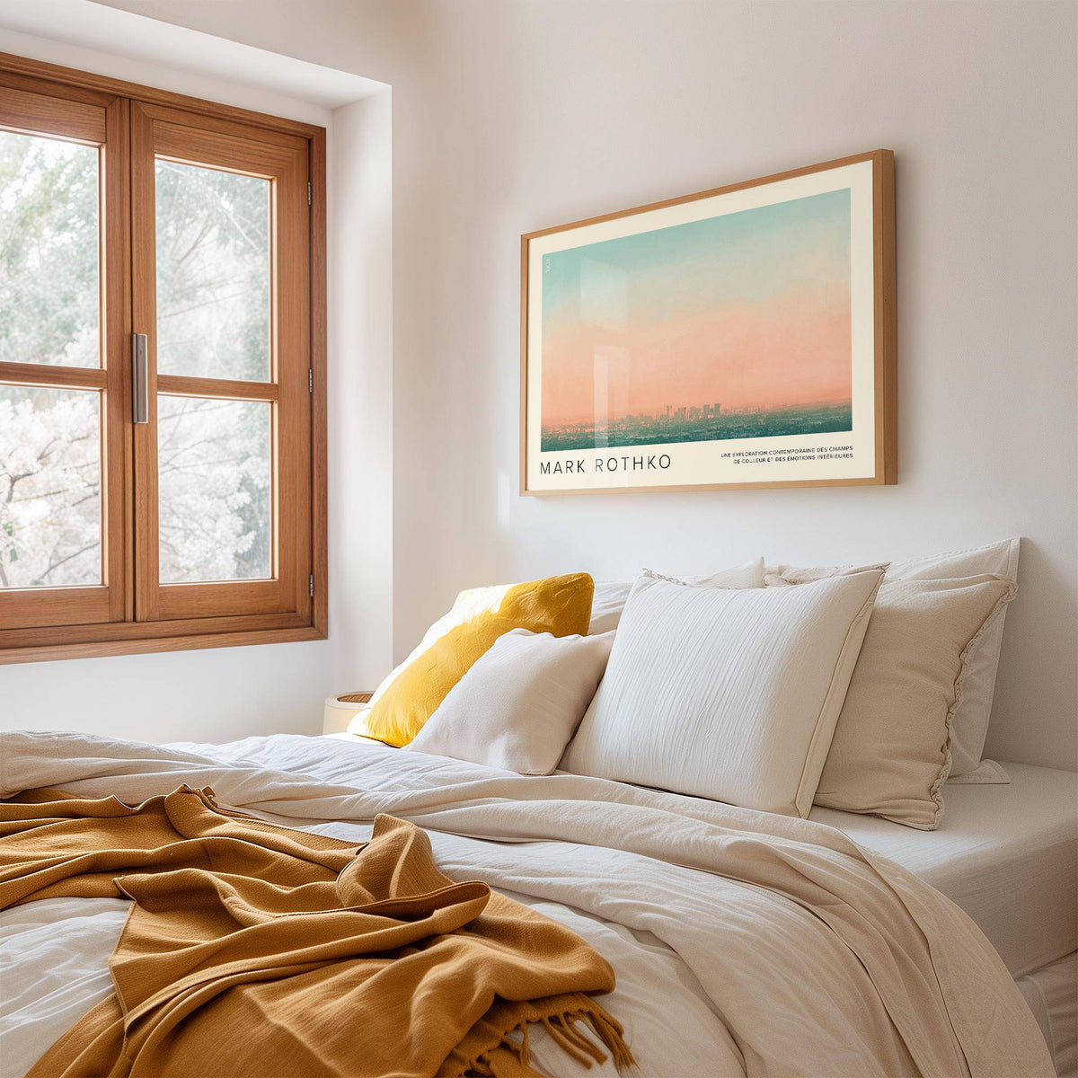 Skyline wall pictures of a city skyline at sunset in soft blue and peach above a bed with white and yellow cushions