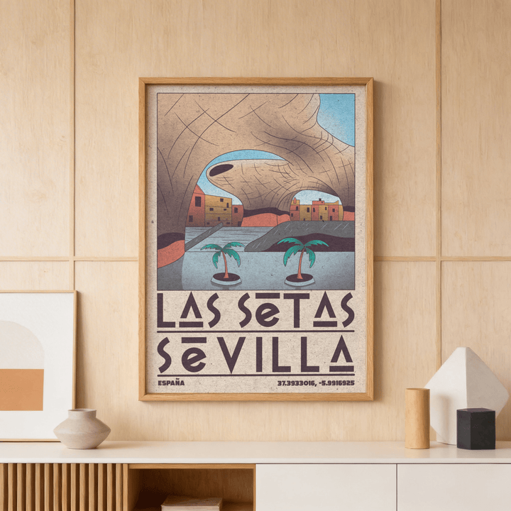 Framed Modern Sevilla wall art showing Las Setas structure in retro colours with a pot nearby