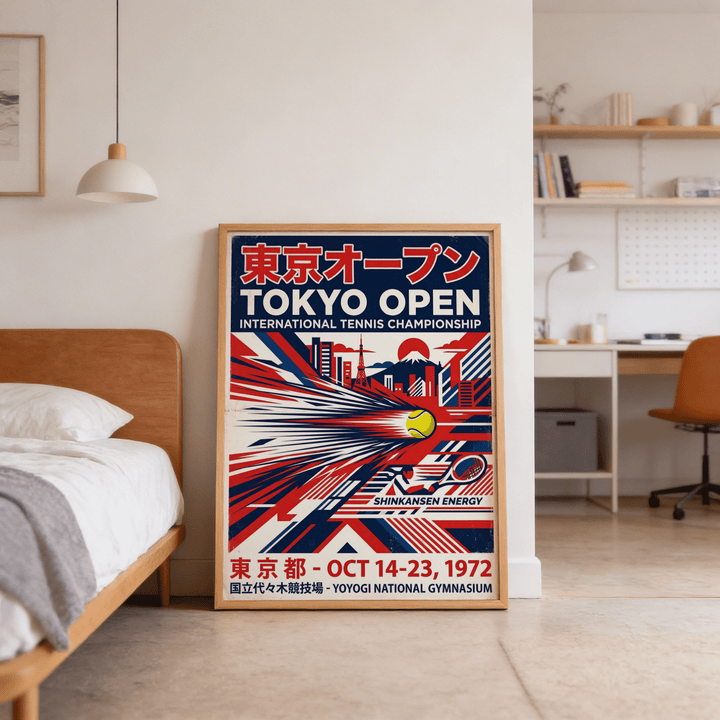 Print leaning on the floor of a bedroom Tokyo Open Tennis Print with red blue and yellow retro design