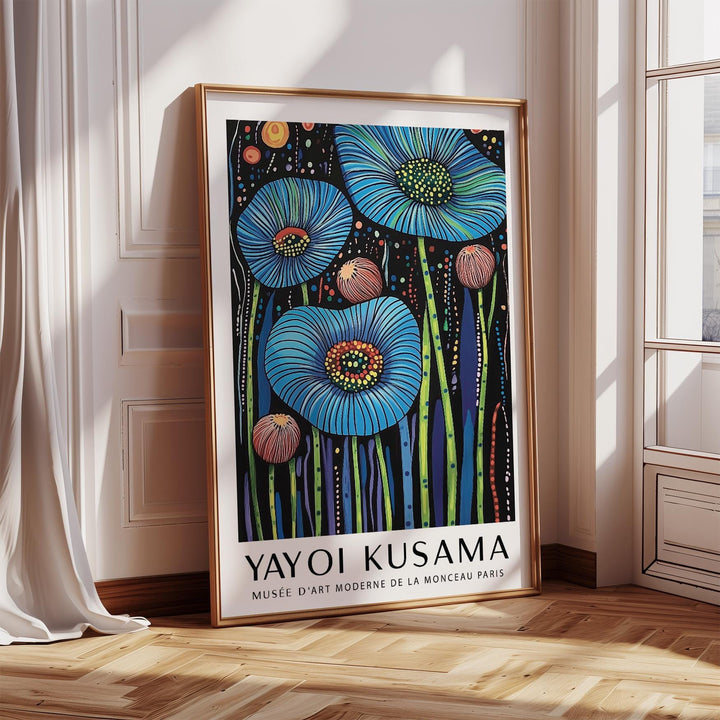 Wall Art Floral leaning framed print of blue poppy flowers with colourful dots in natural light by window