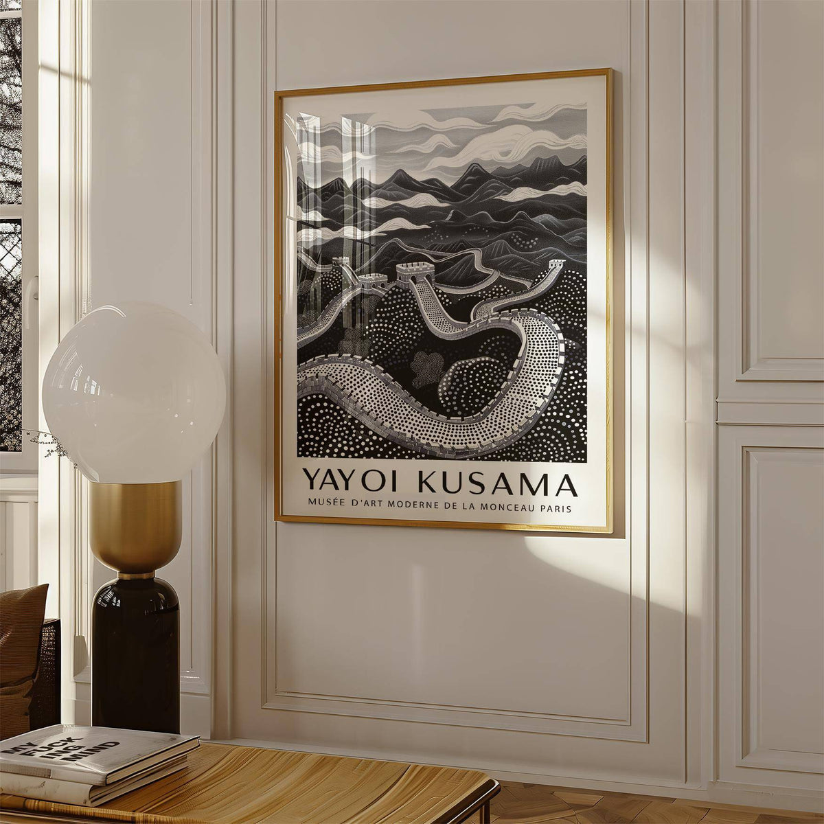 Chinese wall art print with white and black minimalist illustration hung on wall near a lamp