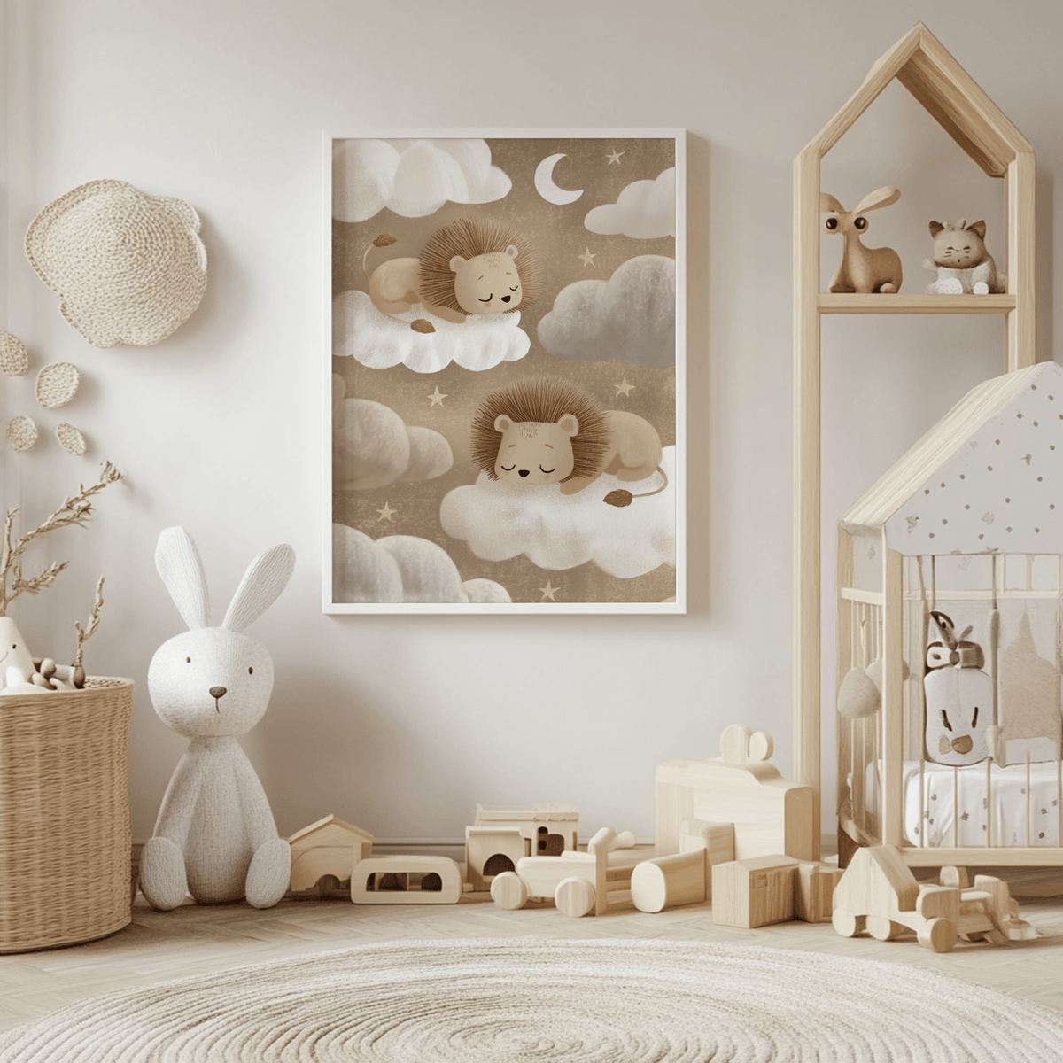 Lion nursery art framed print of sleeping lions on clouds in a softly lit nursery with toys