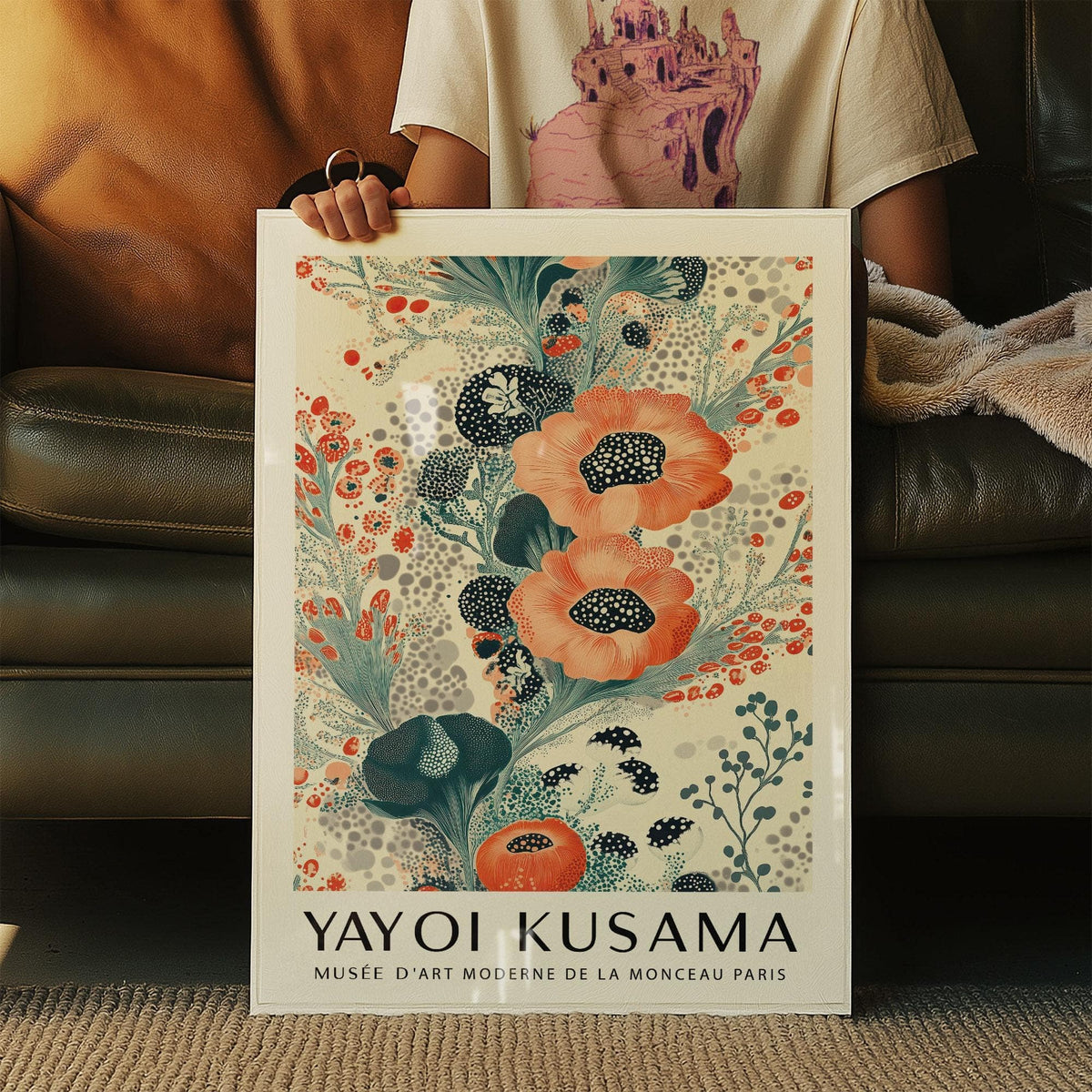 Floral Poster Wall Art held in hands showing stylized orange and teal flower blooms