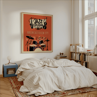 Harlem Jazz Art print with retro jazz instruments in orange and black above a rumpled bed in a bedroom