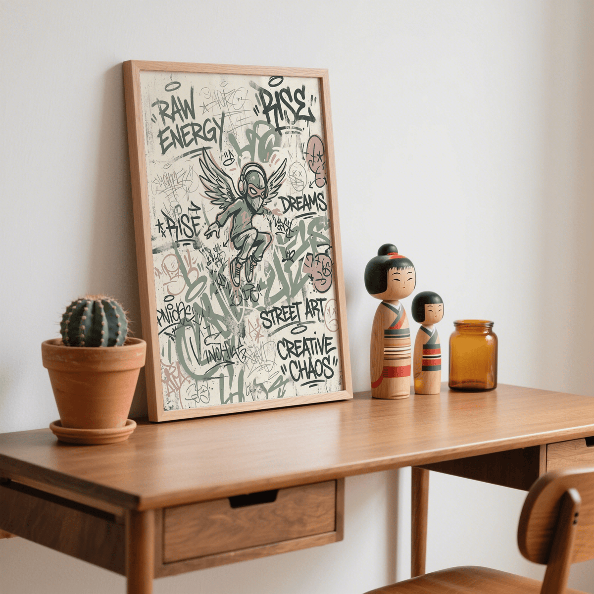 Street Art Poster framed close-up of a winged figure with headphones in muted green and pale pink on a wooden desk with wooden dolls and