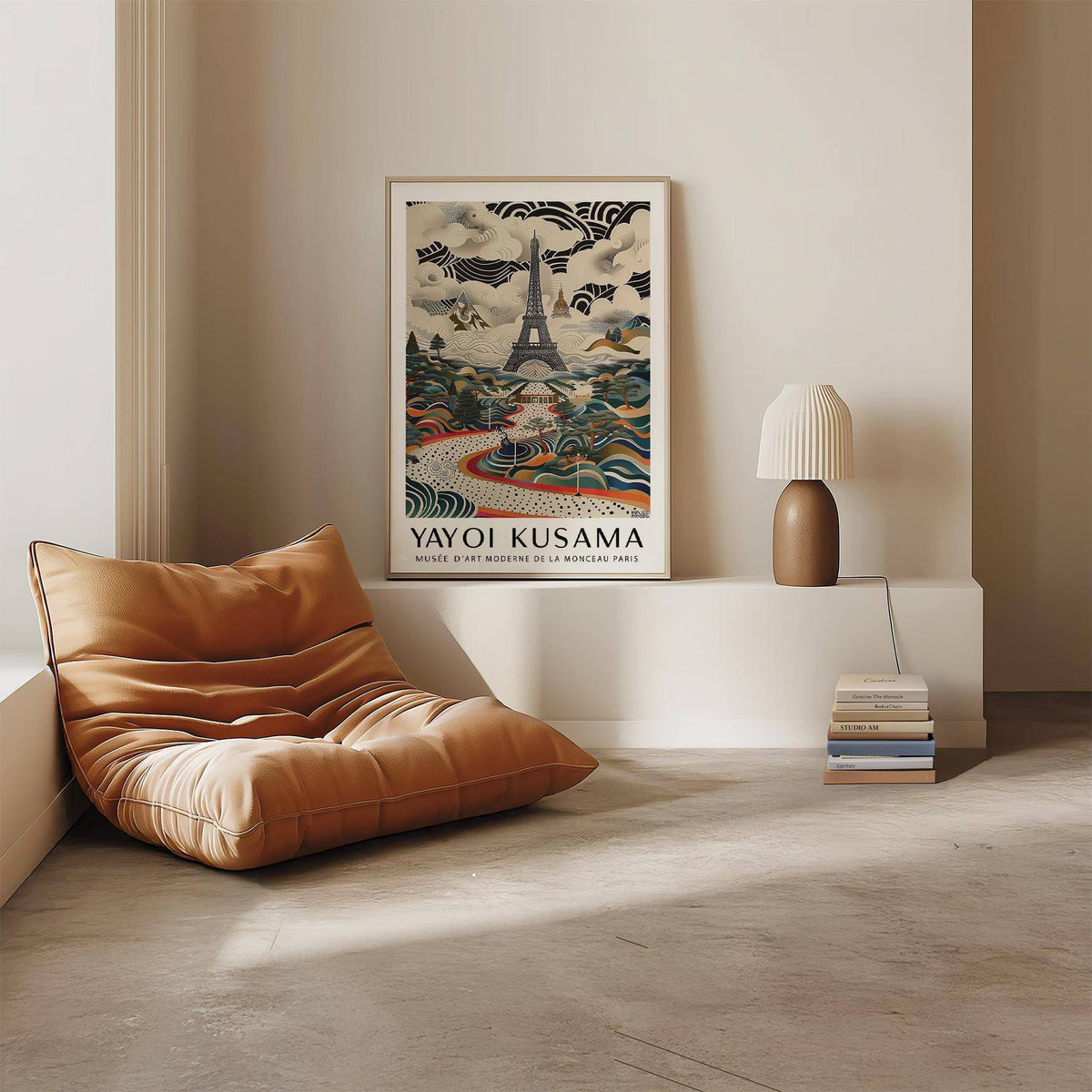 Print of Eiffel Tower with abstract landscape colours leaning above a stack of books