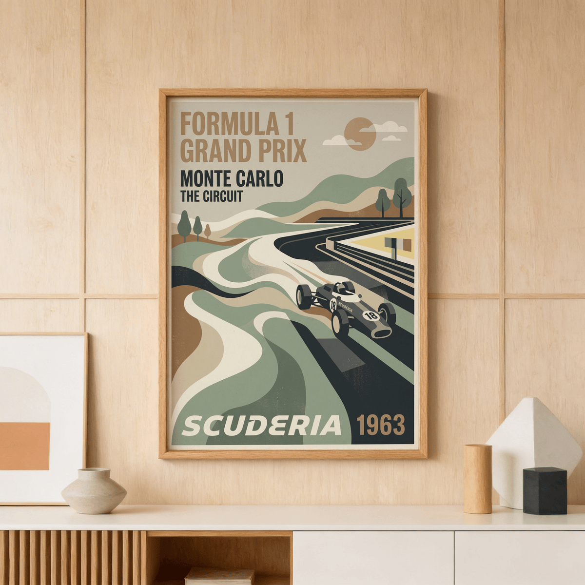 Retro motorsport poster featuring open-wheel car 18 on curving road with layered hills and clouds