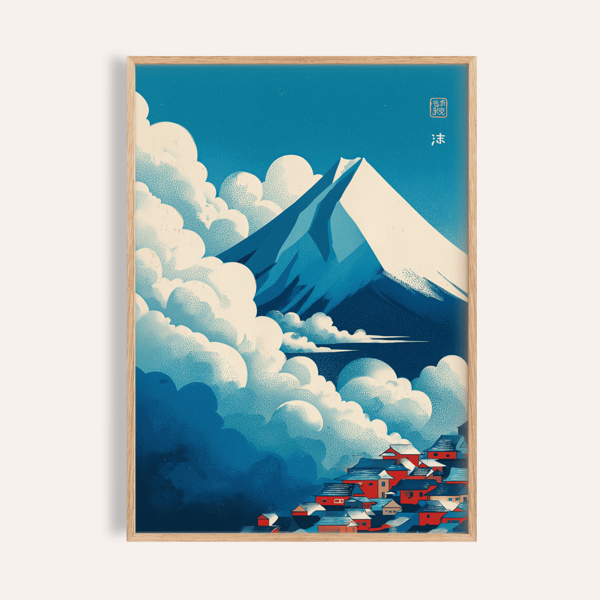 Framed Japanese Cloud Poster showing a snowy mountain and village in shades of blue and red
