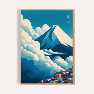 Framed Japanese Cloud Poster showing a snowy mountain and village in shades of blue and red