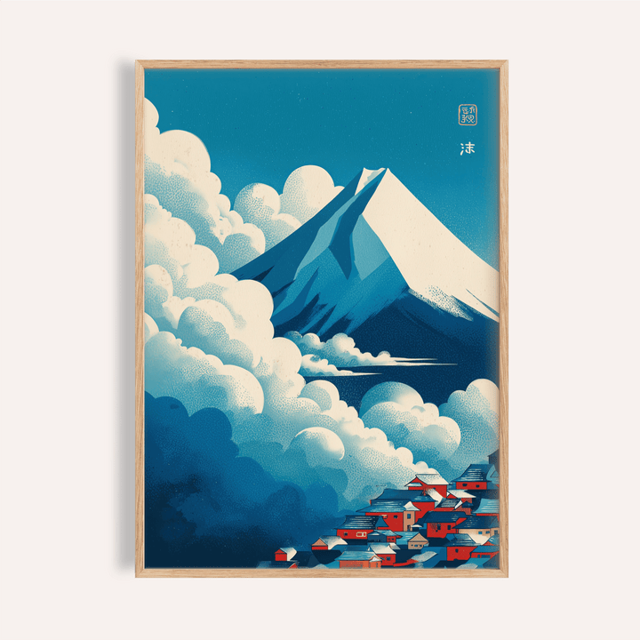 Framed Japanese Cloud Poster showing a snowy mountain and village in shades of blue and red