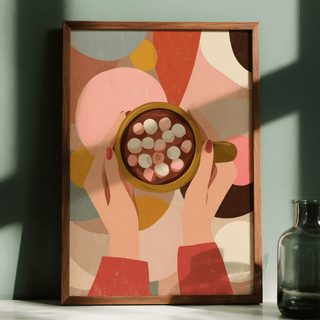 Framed Hot Chocolate wall art showing hands holding a cup with marshmallows in warm tones with sunlight and a glass vase nearby
