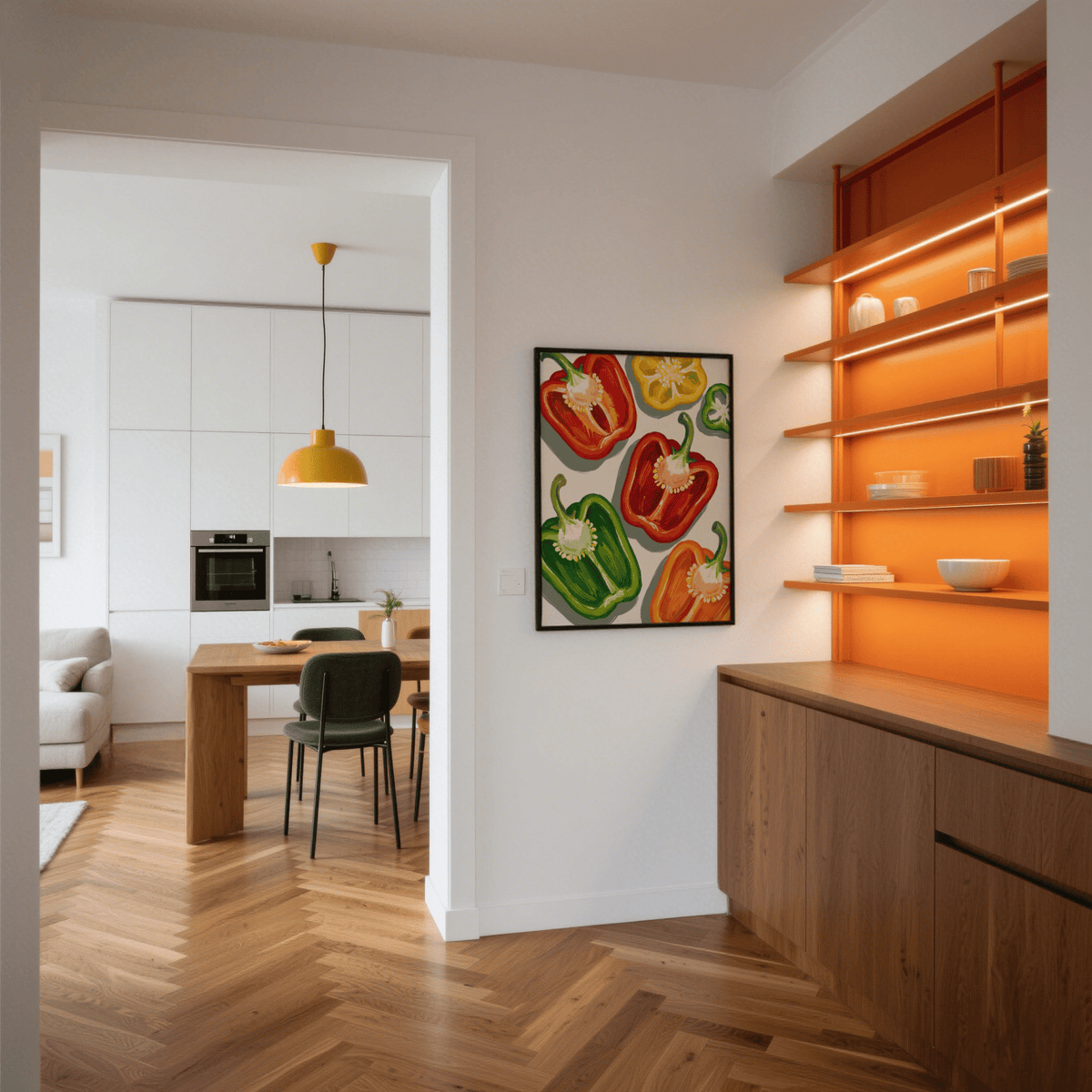 Print of bell pepper art with red yellow and green peppers on a white wall next to orange lit shelves