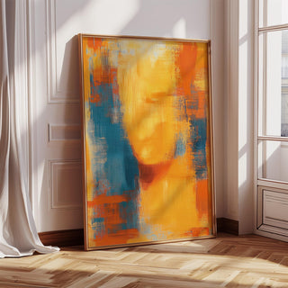 Blue and Orange Abstract Art print leaning on a wooden floor with sunlight and white walls