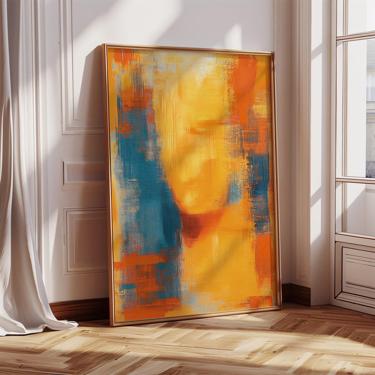 Blue and Orange Abstract Art print leaning on a wooden floor with sunlight and white walls