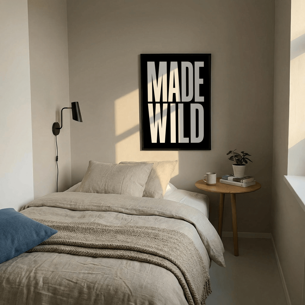 Made Wild art print with bold white text on black above a bed with neutral bedding and a wooden side table