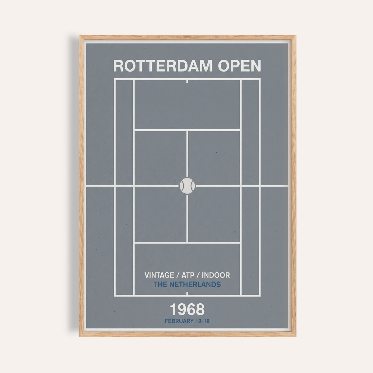 Framed Rotterdam Open Poster showing minimalist tennis court diagram in blue and white with text detail