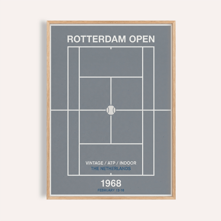 Framed Rotterdam Open Poster showing minimalist tennis court diagram in blue and white with text detail