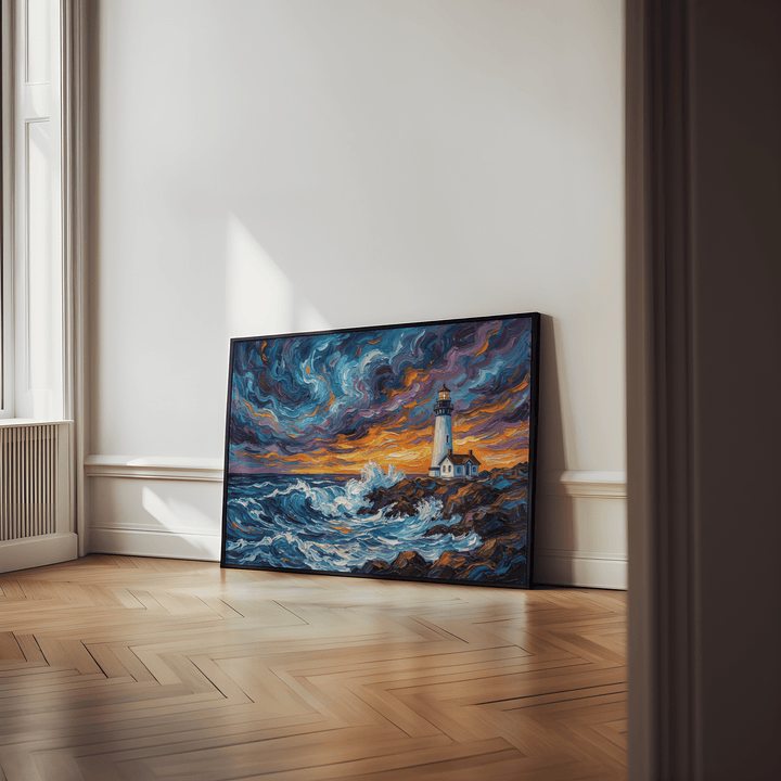 Ocean Landscape Print leaning against a wall with a large window showing a stormy sea in blues and orange