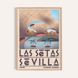 Framed print of modern Sevilla wall art with Las Setas structure in muted retro colours