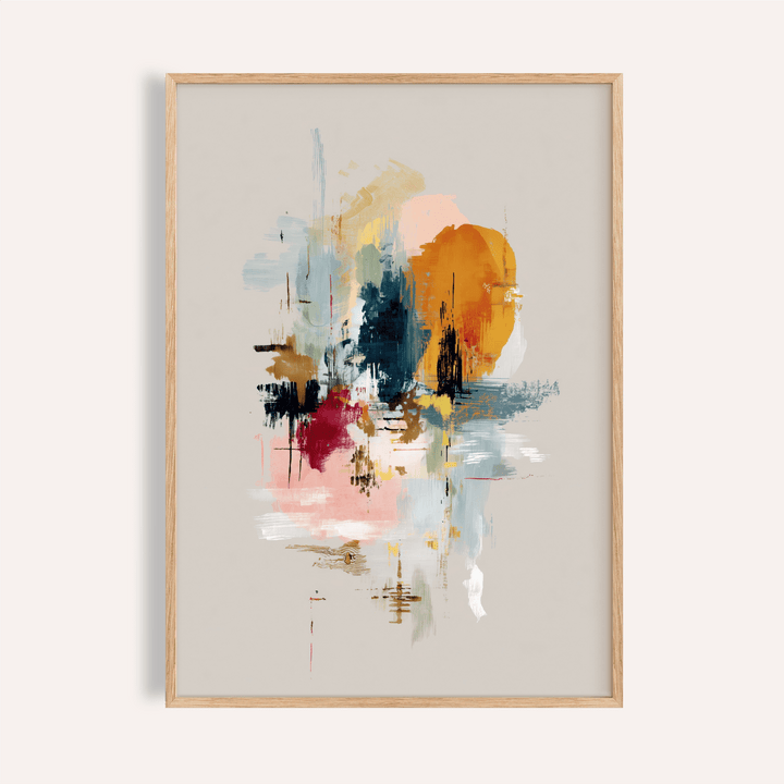 Framed Abstract Wall Art with colourful abstract shapes in orange, blue and pink on a beige background