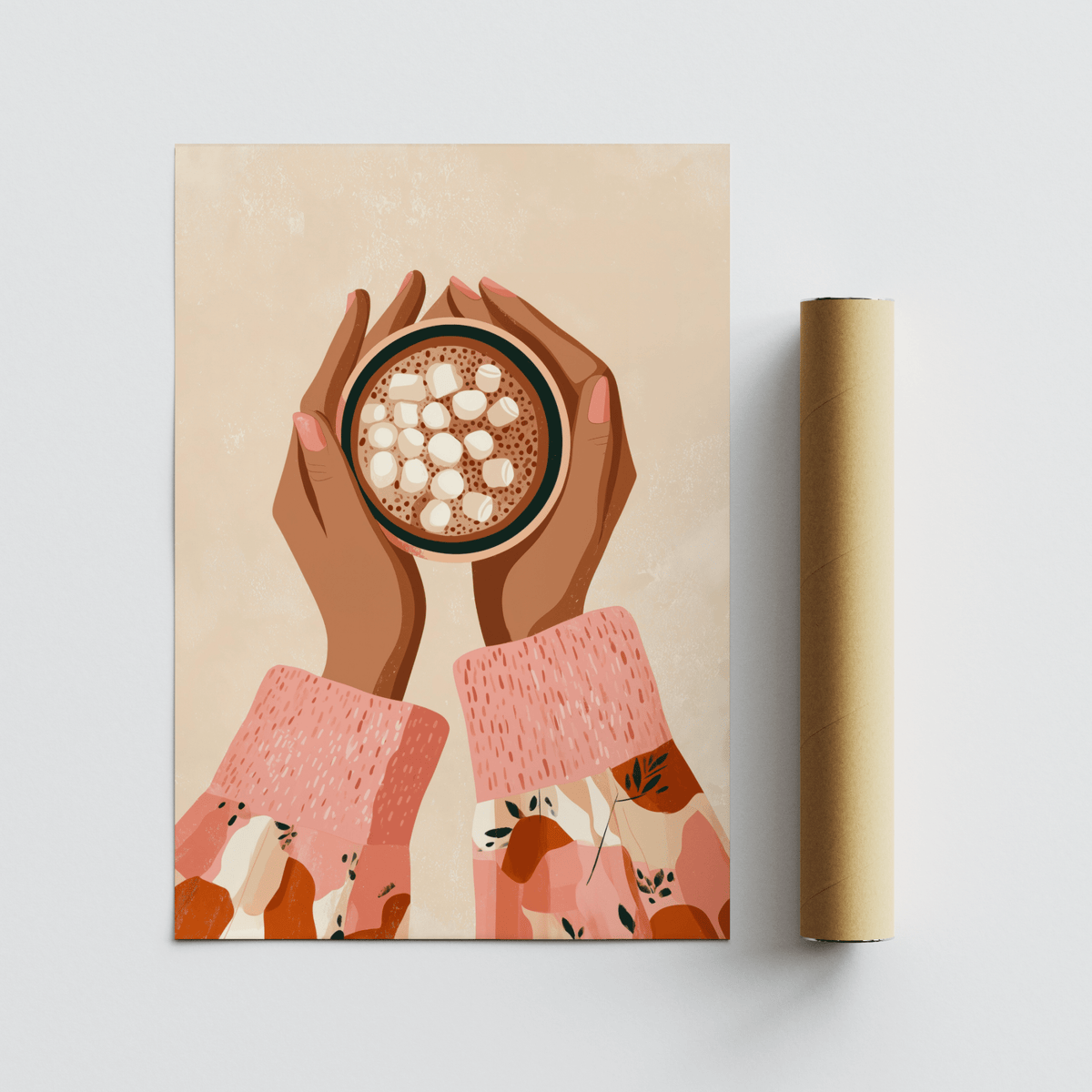 Hot Cocoa wall art print beside a cardboard packaging tube on a pale surface