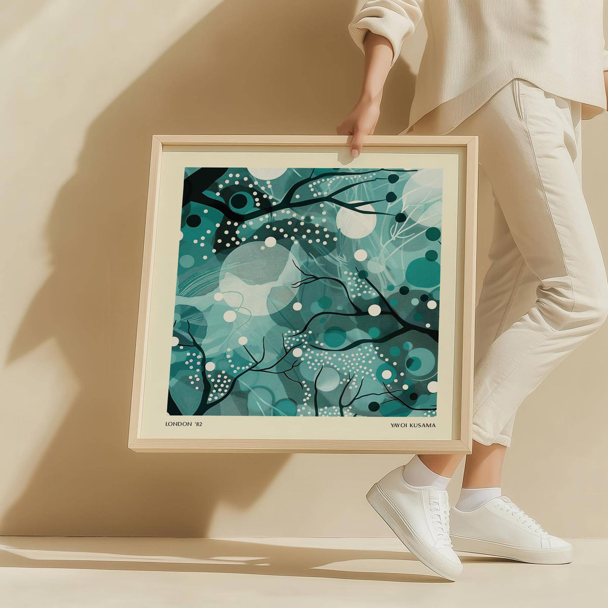 Teal home decor framed print of abstract moonlit branches held by person in white shoes
